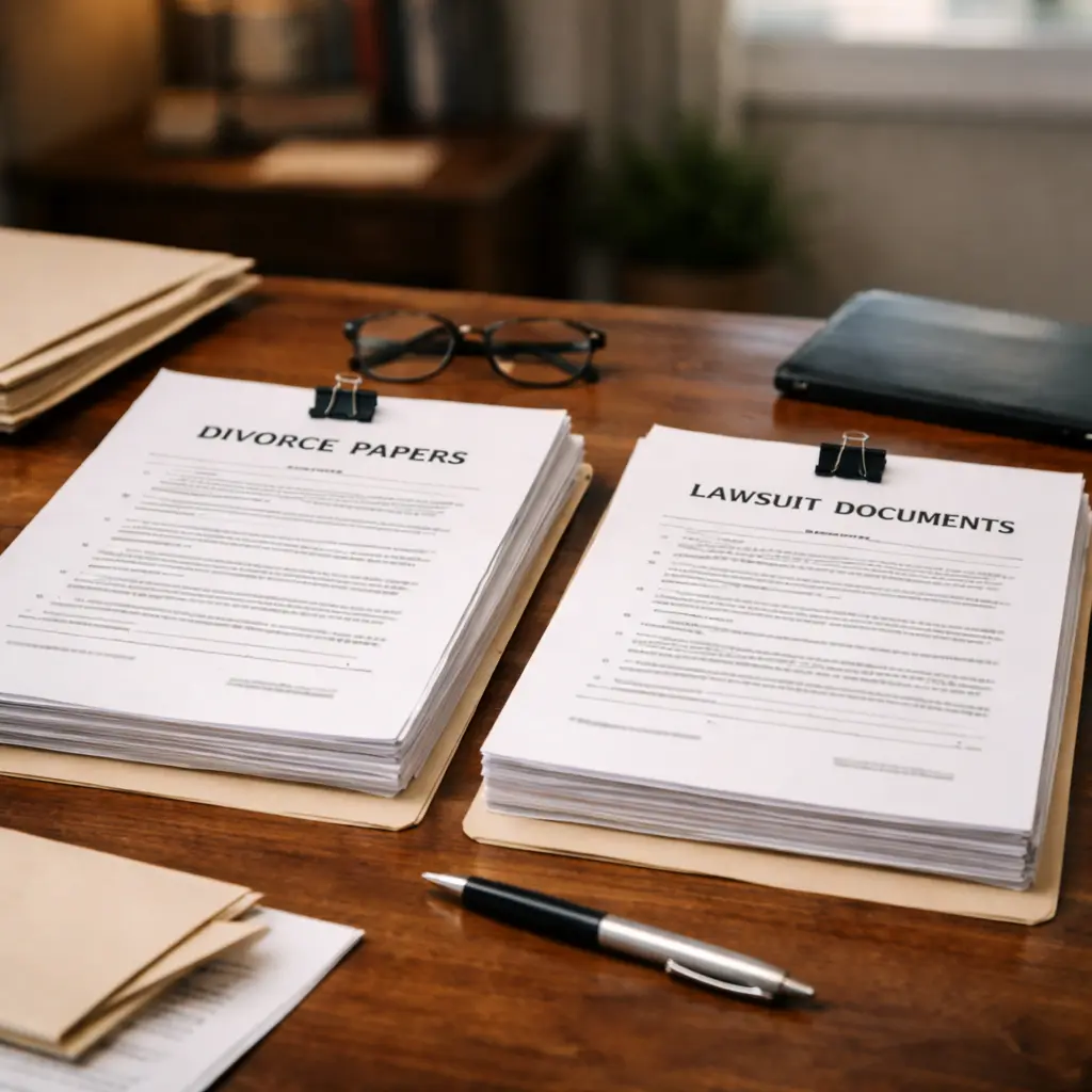 two sets of legal subpoena documents organized on desk representing different legal document types
