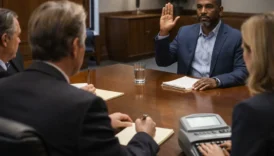 A witness raising a hand to give sworn testimony during a legal deposition while attorneys and a court reporter observe.