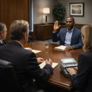 A witness raising a hand to give sworn testimony during a legal deposition while attorneys and a court reporter observe.