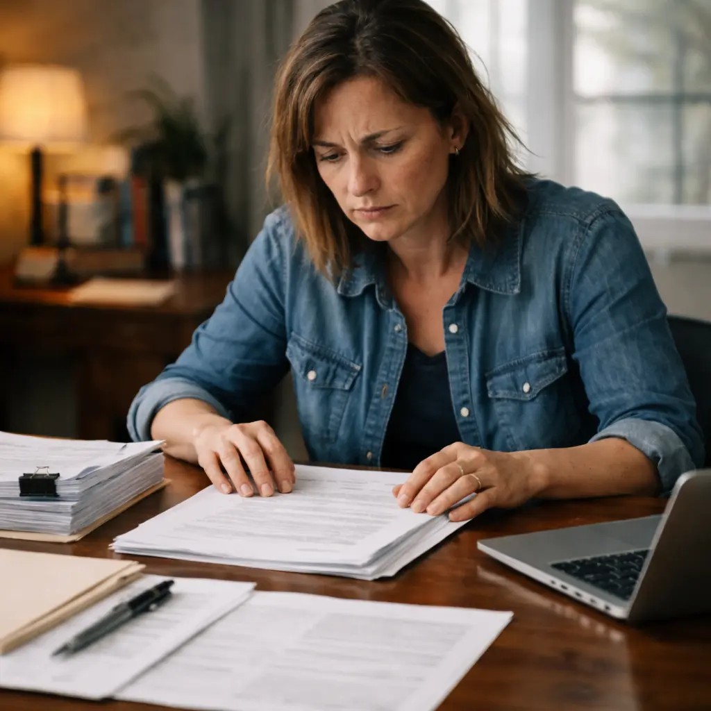 person reviewing subpoena documents with concerned expression at desk