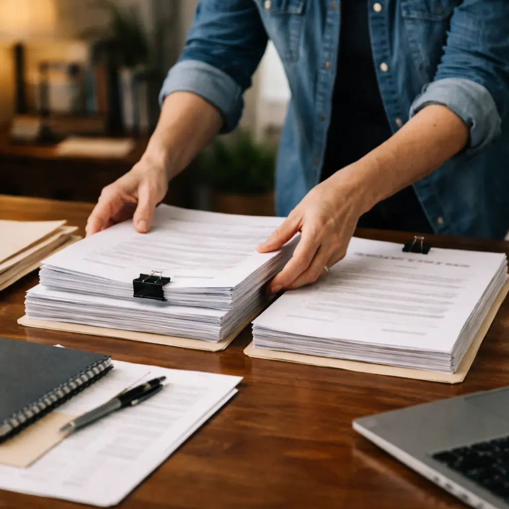 person organizing legal documents on desk to prepare a response