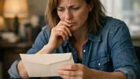 woman reading official letter with concerned expression at home