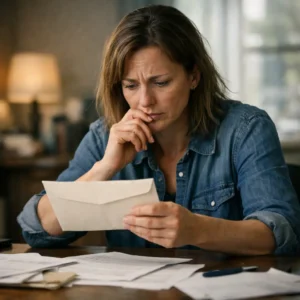woman reading official letter with concerned expression at home