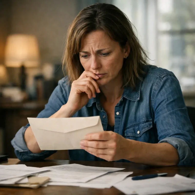 woman reading official letter with concerned expression at home