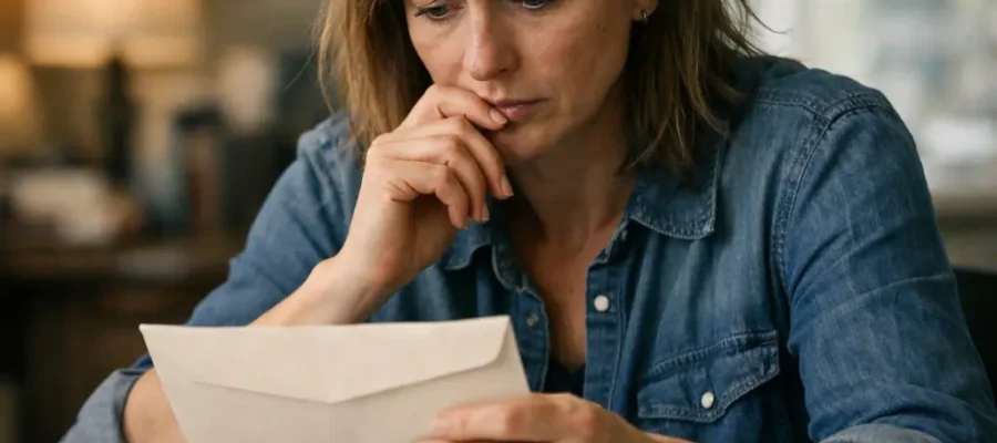woman reading official letter with concerned expression at home