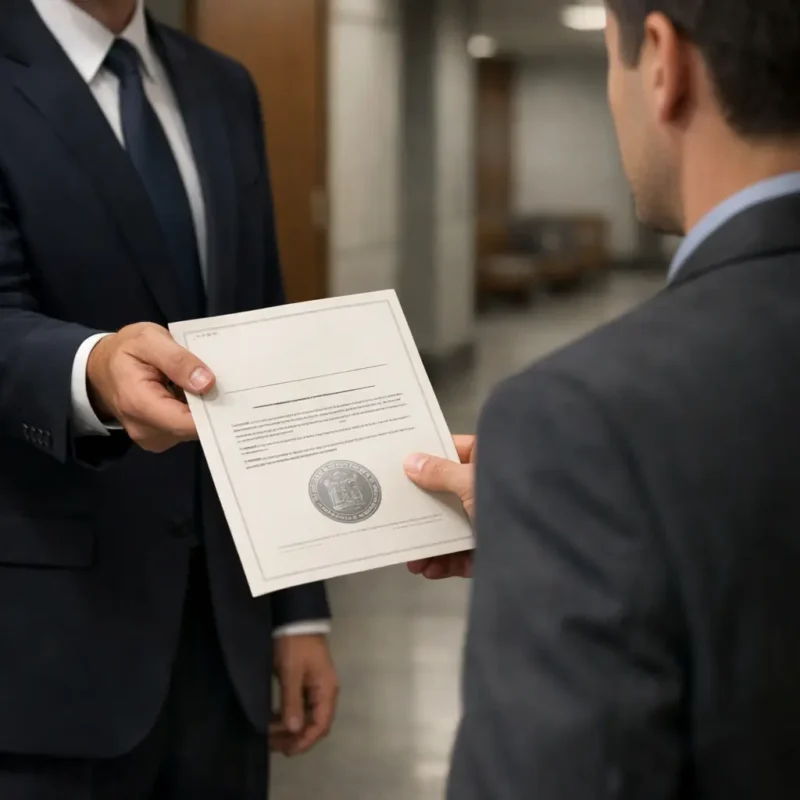 An official court document being formally delivered to an individual, representing the service of a legal subpoena.