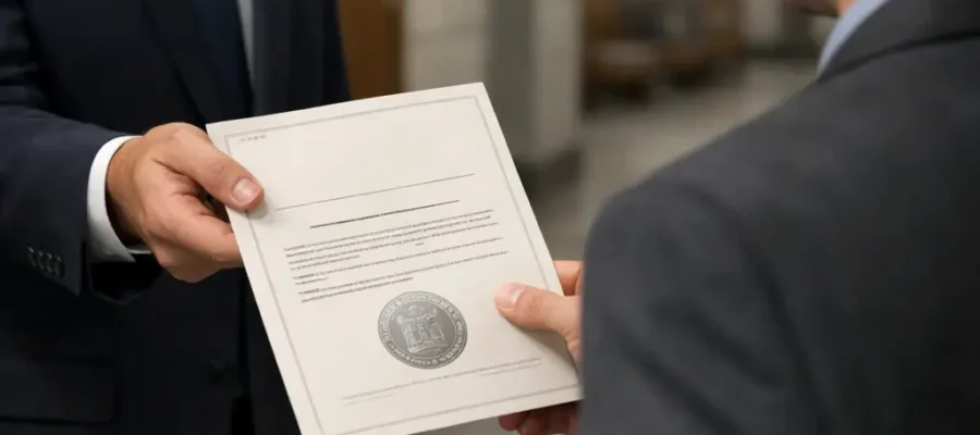 An official court document being formally delivered to an individual, representing the service of a legal subpoena.