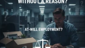 Man looking at a box of belongings after being fired without explanation, with legal scales and text "Is It Legal to Fire Someone Without a Reason? At-Will Employment?"