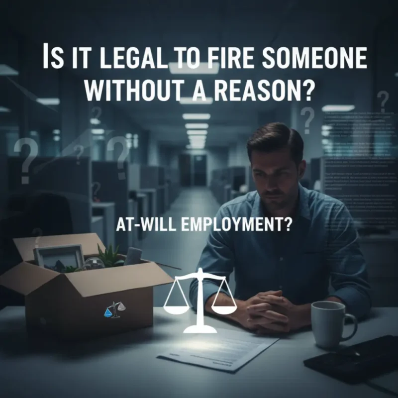 Man looking at a box of belongings after being fired without explanation, with legal scales and text "Is It Legal to Fire Someone Without a Reason? At-Will Employment?"