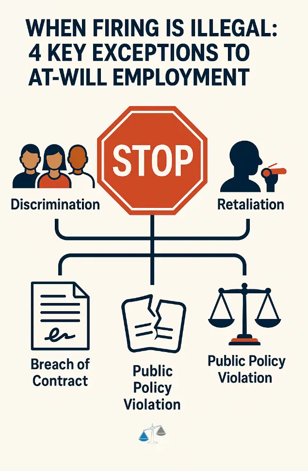 Infographic titled "When Firing Is Illegal: 4 Key Exceptions to At-Will Employment." It features a central stop sign connected to four icons representing Discrimination, Retaliation, Breach of Contract, and Public Policy Violation.