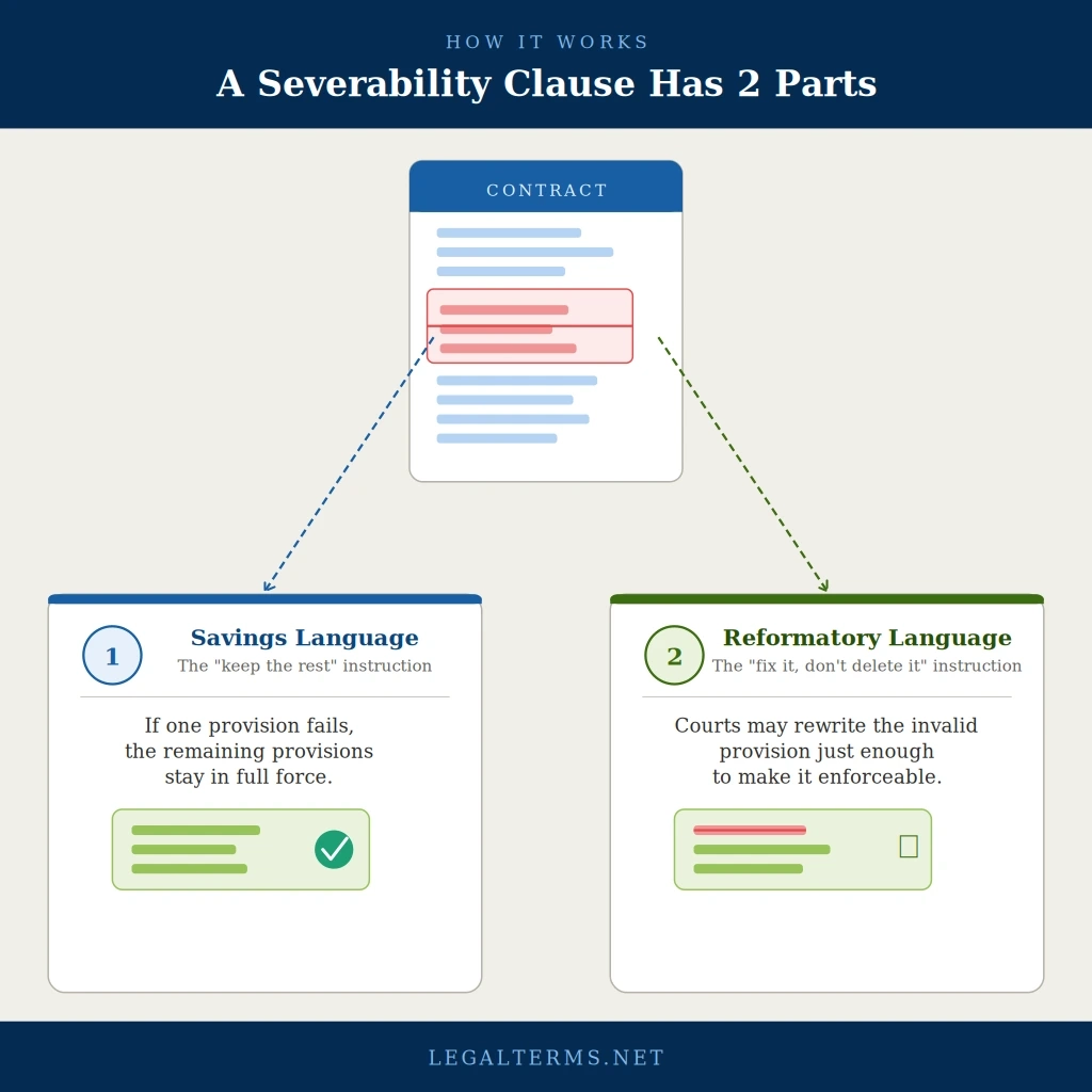 How a severability clause works? savings language and reformatory language explained