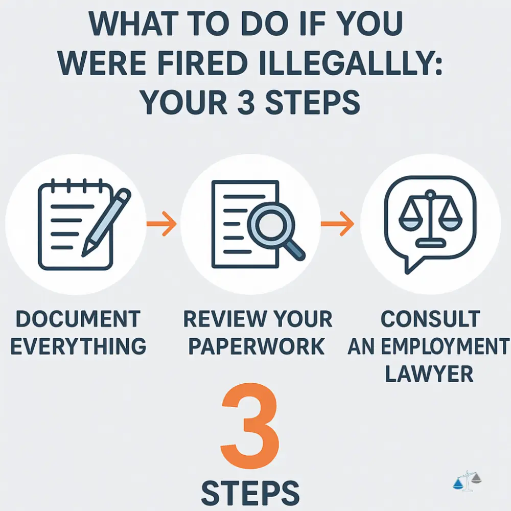 Infographic showing 3 steps to take if illegally fired: 1. Document Everything (notepad icon), 2. Review Your Paperwork (magnifying glass on document icon), 3. Consult An Employment Lawyer (scales of justice icon).