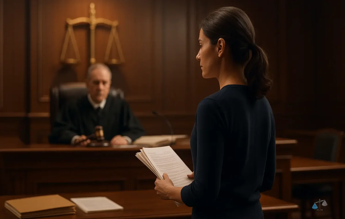 A self-represented individual presenting their case before a judge in a courtroom, symbolizing pro se representation and personal advocacy.