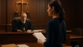 A self-represented individual presenting their case before a judge in a courtroom, symbolizing pro se representation and personal advocacy.