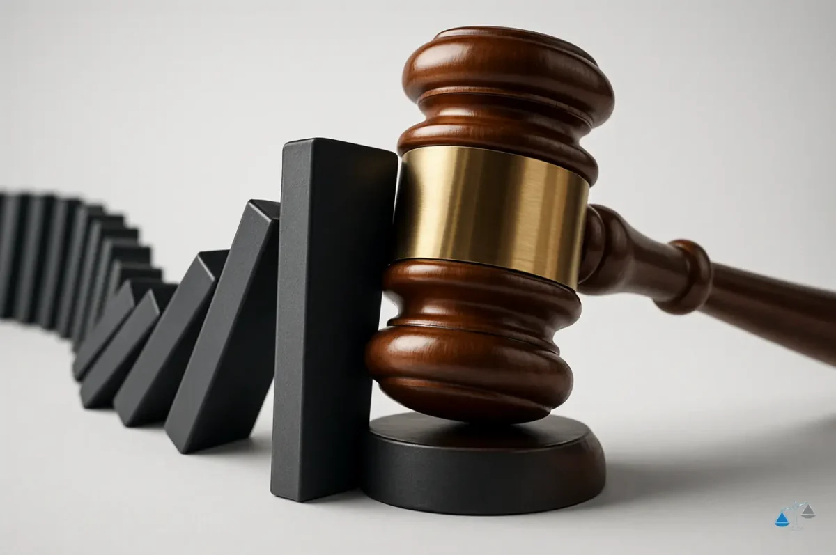 A judge's gavel stopping a chain reaction of falling black dominoes, illustrating the legal concept of injunctive relief preventing irreparable harm.