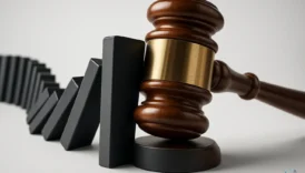 A judge's gavel stopping a chain reaction of falling black dominoes, illustrating the legal concept of injunctive relief preventing irreparable harm.