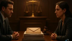 Two claimants face each other in court with a sealed envelope and documents on a judge’s bench, symbolizing an interpleader dispute resolved through judicial fairness.