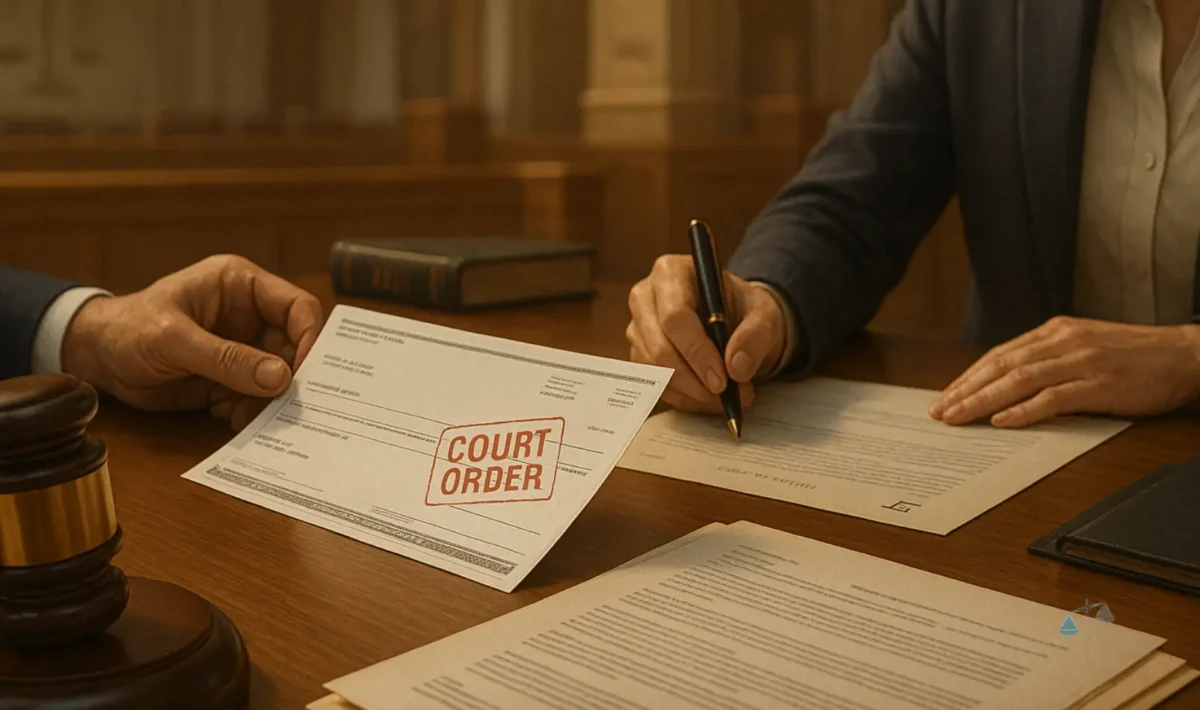 A legal document stamped “Court Order” being reviewed by two professionals at a courthouse desk, symbolizing the process of legal garnishment.