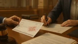 A legal document stamped “Court Order” being reviewed by two professionals at a courthouse desk, symbolizing the process of legal garnishment.