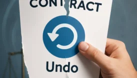 A hand tearing a contract document labeled "CONTRACT" in half, revealing an "Undo" icon and text underneath. Scales of justice are visible in the background, symbolizing legal rescission.