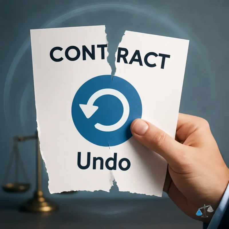 A hand tearing a contract document labeled "CONTRACT" in half, revealing an "Undo" icon and text underneath. Scales of justice are visible in the background, symbolizing legal rescission.