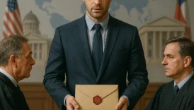 A diplomatic courier delivering a sealed envelope between two judges in different countries, symbolizing letters rogatory in international law.