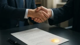 Two professionals shaking hands over a signed document symbolizing ratification and formal approval in law and business.