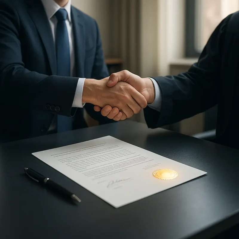 Two professionals shaking hands over a signed document symbolizing ratification and formal approval in law and business.