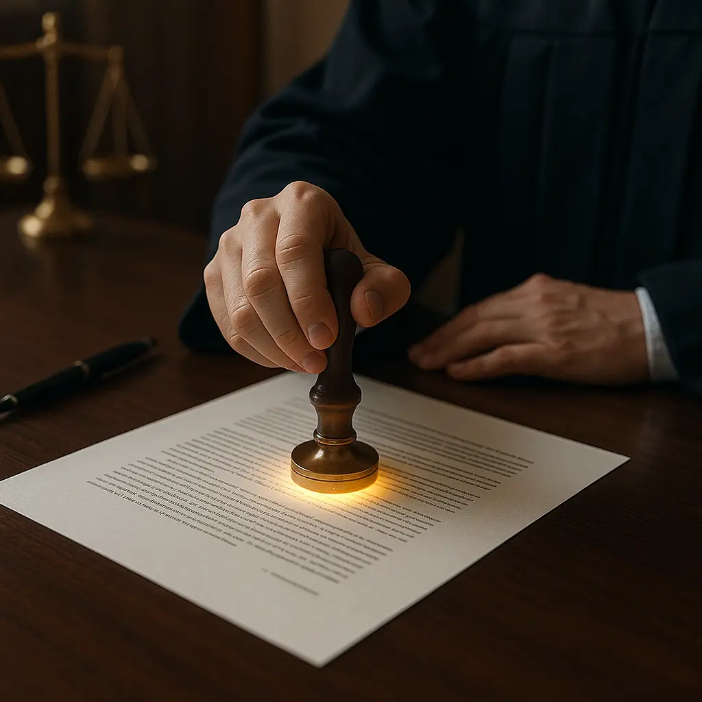 A judge placing a glowing seal on a legal document, symbolizing the ratification of a previously unauthorized act.