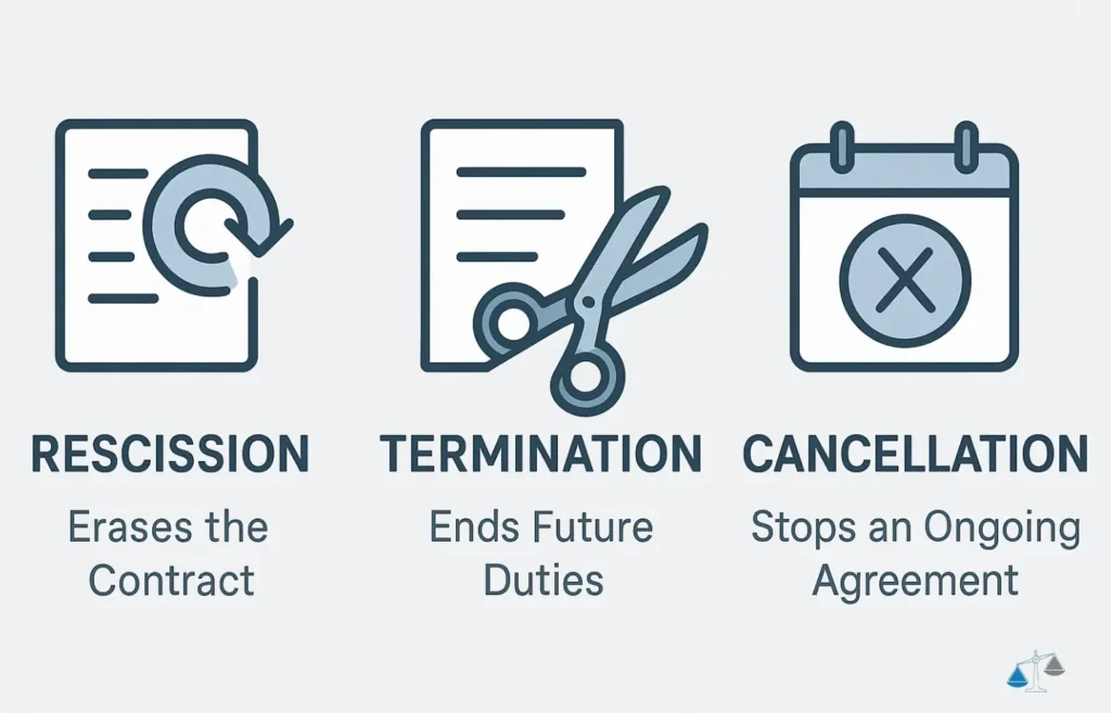 An infographic comparing three legal terms: Rescission, which erases the contract (undo icon); Termination, which ends future duties (scissors icon); and Cancellation, which stops an ongoing agreement (calendar icon).