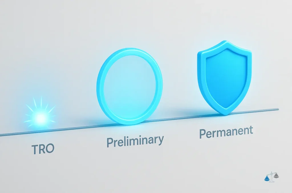 An infographic illustrating the three types of injunctive relief on a timeline: a small glowing star for TRO, a medium glowing circle for Preliminary, and a solid shield for Permanent, each with its label.