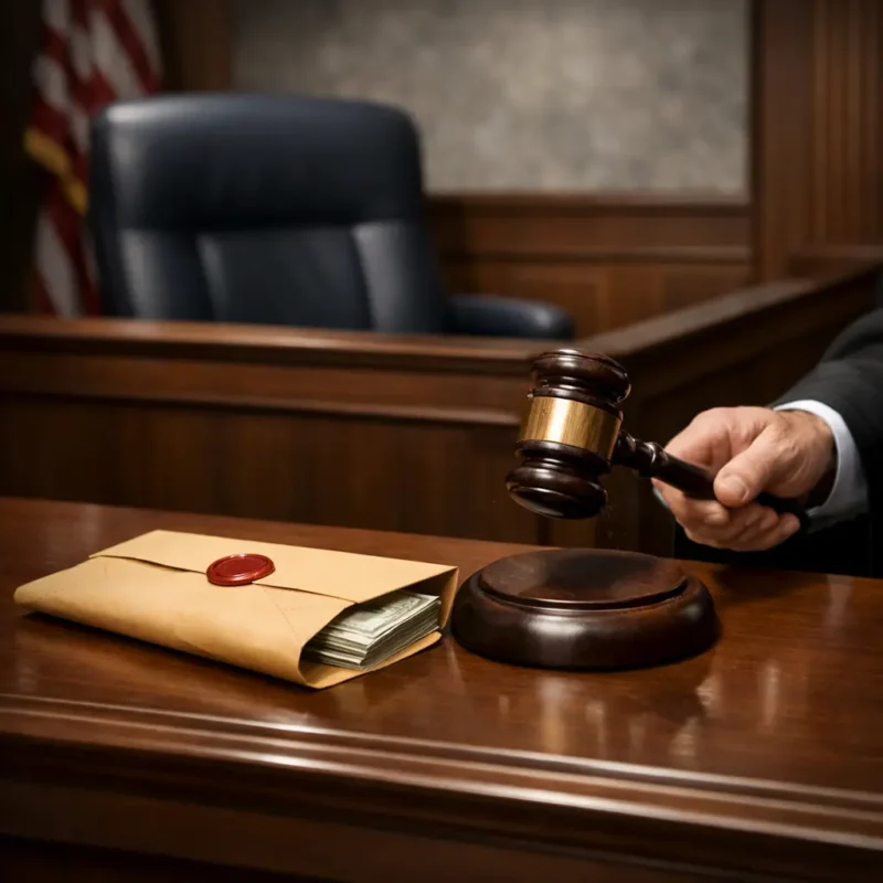A judge striking a gavel beside a sealed envelope containing money, representing legal bail forfeiture after a failure to appear.