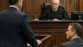An attorney addressing a judge in a courtroom after rebuttal, illustrating the procedural stage of legal surrebuttal.