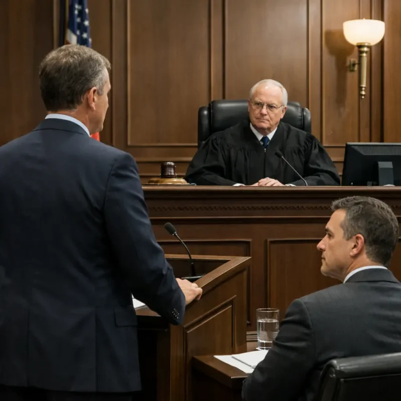 An attorney addressing a judge in a courtroom after rebuttal, illustrating the procedural stage of legal surrebuttal.