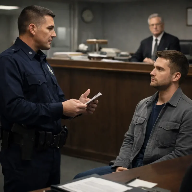 Law enforcement officer delivering Miranda warning to suspect in police custody during formal questioning procedure