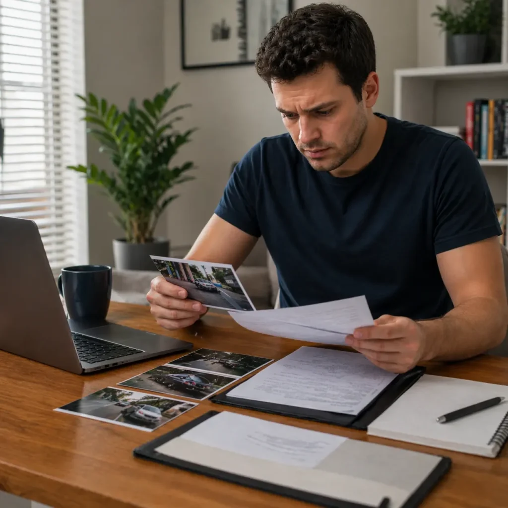 person reviewing photos and documents to challenge a traffic ticket