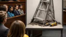 Damaged ladder and tools presented as evidence in court, illustrating res ipsa loquitur where negligence is inferred from the circumstances.