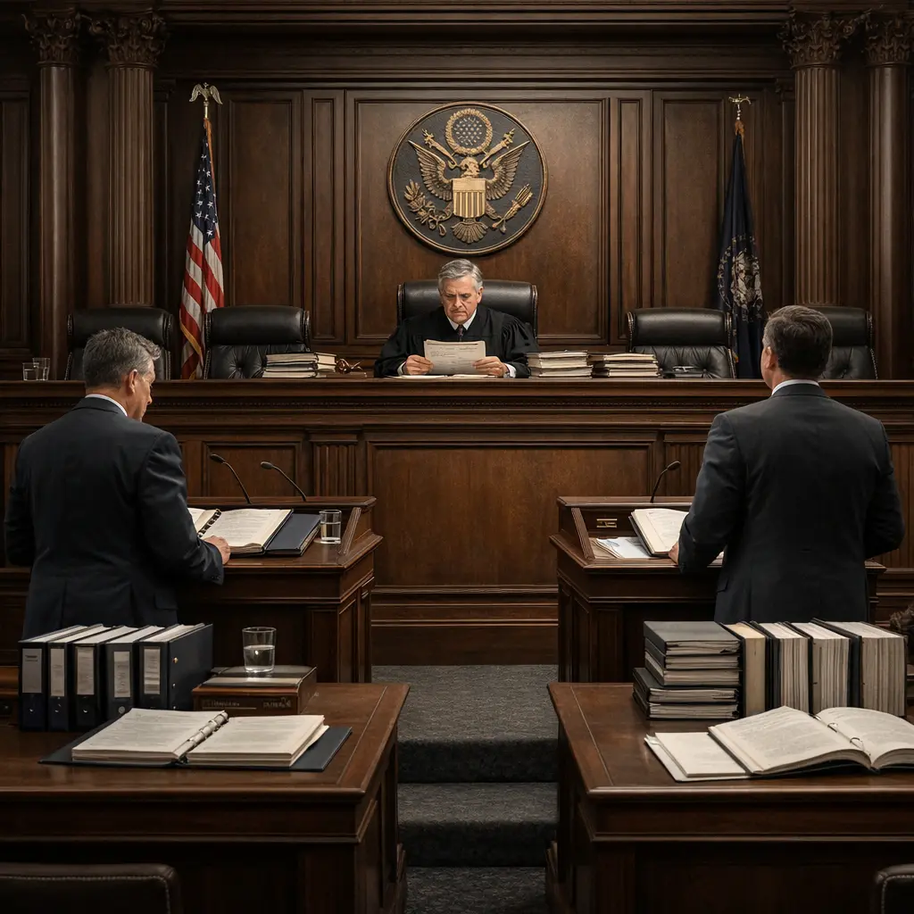 Senior judge reviewing legal case documents while attorneys present arguments in an appellate courtroom