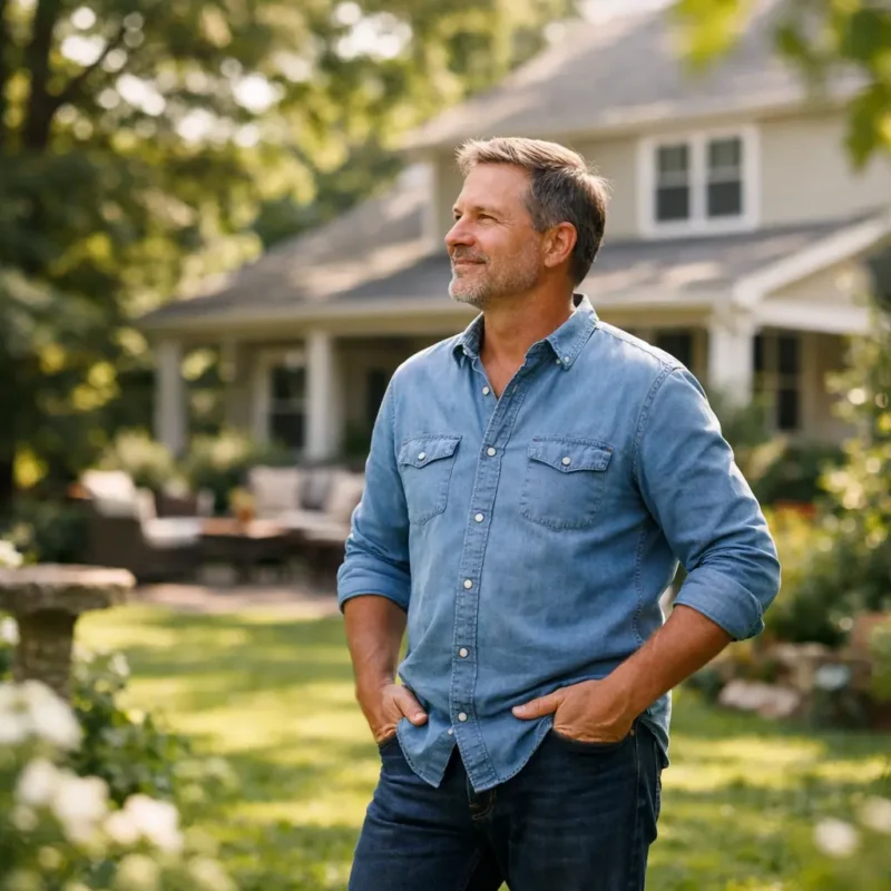 person showing ownership intent while standing in front of a house