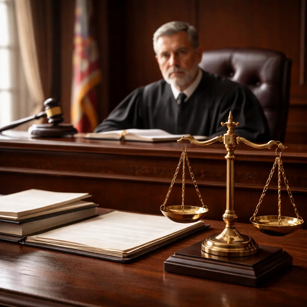 judge in courtroom reviewing legal case documents