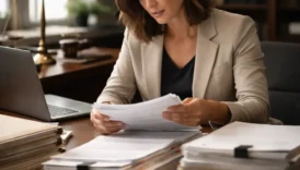 woman organizing legal documents while responding to a subpoena