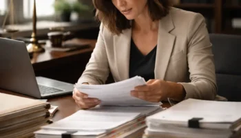 woman organizing legal documents while responding to a subpoena