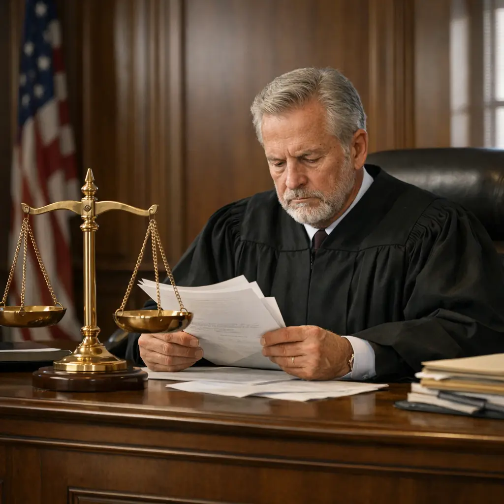 judge reviewing court order documents in courtroom