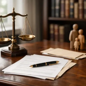 Legal guardianship decision concept with documents and scales of justice