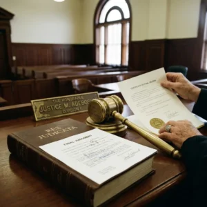 A realistic view of a judge's wooden bench with a gavel, a leather-bound book titled 'Res Judicata', and a stamped 'Final Judgment' document in a classic courtroom setting.