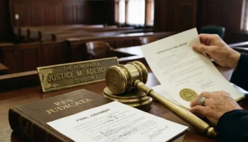 A realistic view of a judge's wooden bench with a gavel, a leather-bound book titled 'Res Judicata', and a stamped 'Final Judgment' document in a classic courtroom setting.