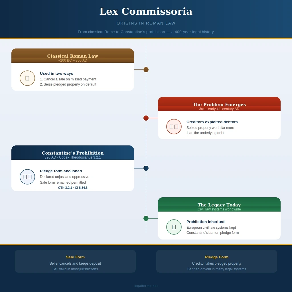 lex commissoria origins in Roman law timeline showing classical use Constantine prohibition 320 AD and modern legacy