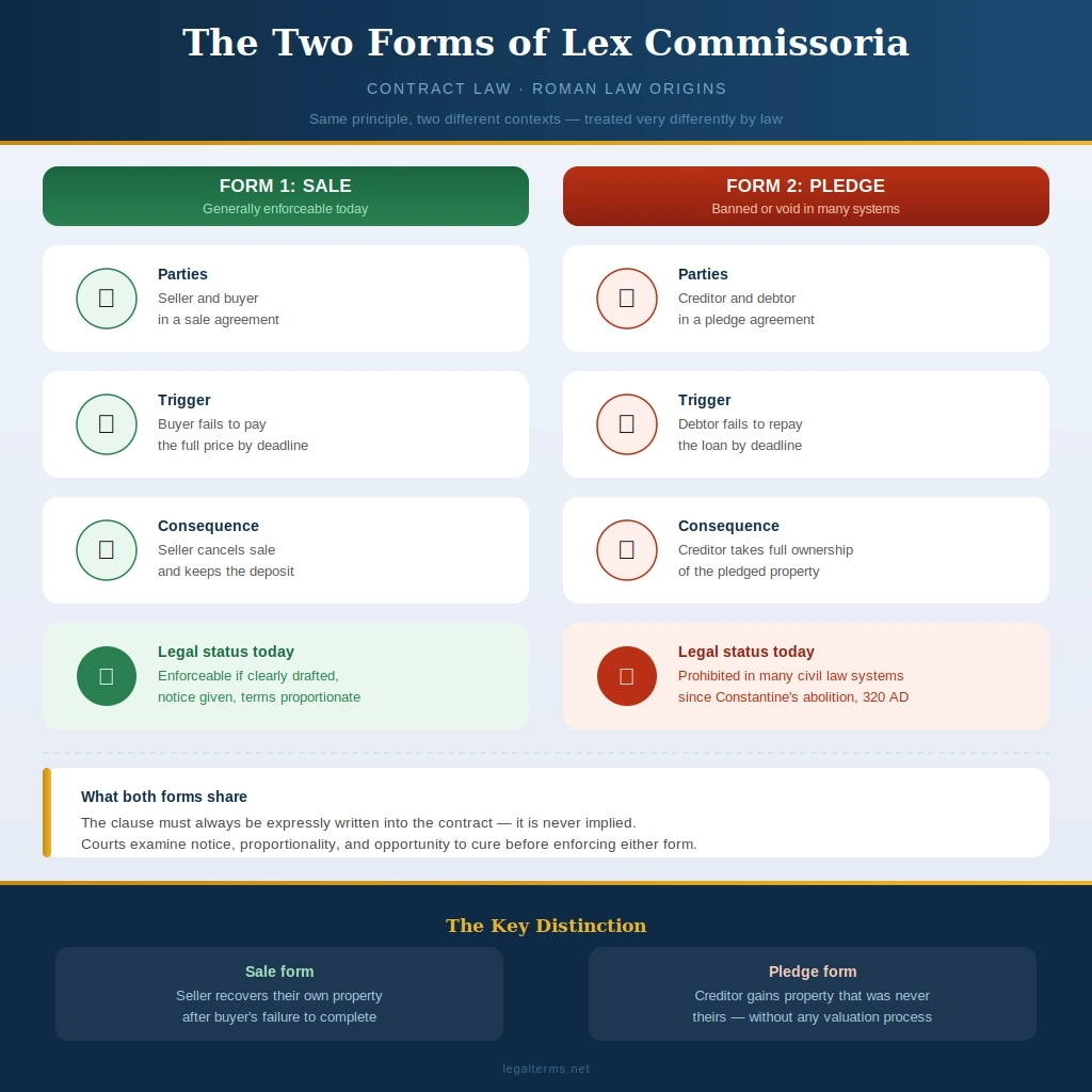 two forms of lex commissoria comparison showing sale form versus pledge form parties triggers consequences and legal status today