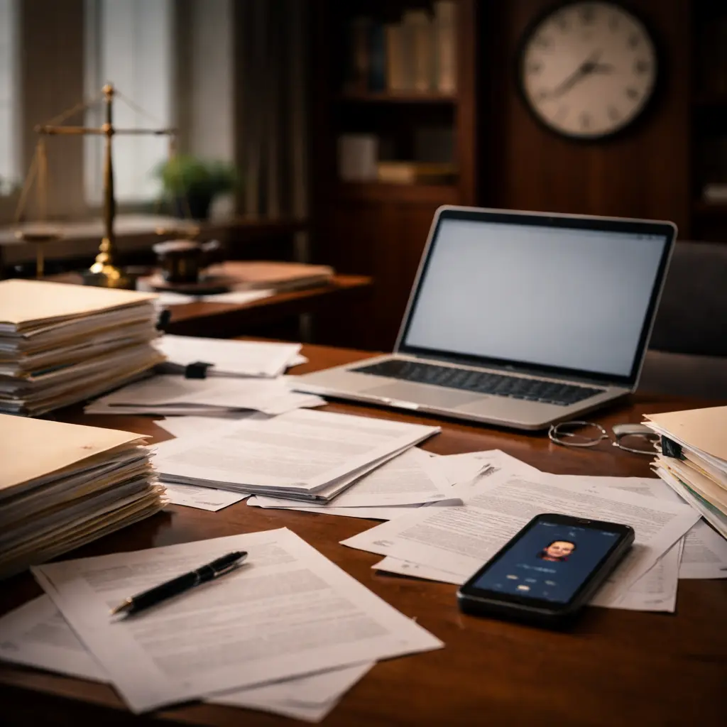 messy legal desk with documents and laptop representing missed subpoena deadline