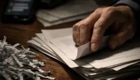 person secretly hiding legal documents representing obstruction of justice